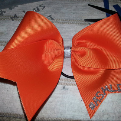 "your name" - 3 in orange grosgrain ribbon with glitter center cheer bow