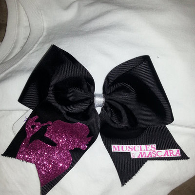 "muscles & mascara" purple glitter girl - 3 in black grosgrain ribbon with a silver center cheer bow