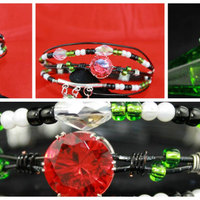 PinUp Cherries Wire Crafted Charm Bracelet;  Red, White, Green, Black Beads - Thumbnail 2