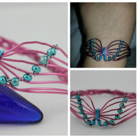 Pink Wire Butterfly Bracelet with Teal Beads - Thumbnail 1