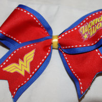 "WONDER WOMAN" - 2 in Blue Grosgrain Ribbon Layered with Red Ribbon with a Yellow Center  Cheer Bow - Thumbnail 1