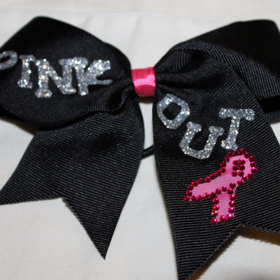 "pink out" - 2 in black grosgrain ribbon with a hot pink center in silver bling letters ribbon accented with hot pink gems cheer bow