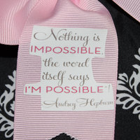 "Audrey Hepburn;Nothing Is Impossible" Quote CHEER BOW; 2 in Pale Pink Grosgrain Ribbon with Hot Pink center  - Thumbnail 1