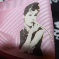 "Audrey Hepburn;Nothing Is Impossible" Quote CHEER BOW; 2 in Pale Pink Grosgrain Ribbon with Hot Pink center  - Thumbnail 2