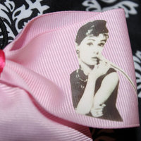 "Audrey Hepburn;Nothing Is Impossible" Quote CHEER BOW; 2 in Pale Pink Grosgrain Ribbon with Hot Pink center  - Thumbnail 3