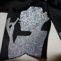 "MUSCLES & MASCARA" CHEER BOW; 3 in Black Grosgrain Ribbon with a Silver Center - Thumbnail 1