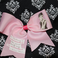 "Audrey Hepburn;Nothing Is Impossible" Quote CHEER BOW; 2 in Pale Pink Grosgrain Ribbon with Hot Pink center  - Thumbnail 4