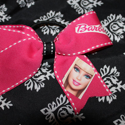 "barbie" cheer bow - 2 in hot pink grosgrain ribbon trimmed in white with black & white