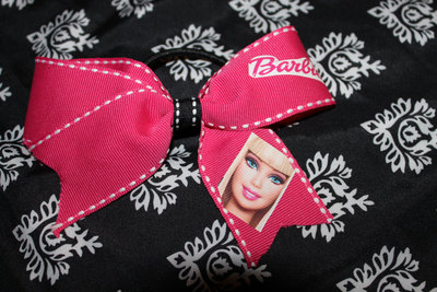 "BARBIE" CHEER BOW - 2 in Hot Pink Grosgrain Ribbon trimmed in White with Black & White