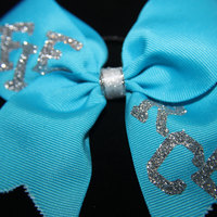 "FIERCE" CHEER BOW; 2 in Turquise Grosgrain Ribbon with Silver center   - Thumbnail 1