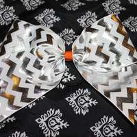 3 in Silver Foil, White Chevron Grosgrain Ribbon with an Orange & White Polka Dot center Cheer Bow - Thumbnail 3