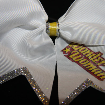 "wonder woman" bling, cheer bow - 2 in white grosgrain ribbon with yellow center