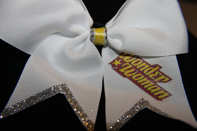 "WONDER WOMAN" BLING, CHEER BOW - 2 in White Grosgrain Ribbon with Yellow center