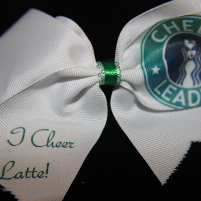 "i cheer a latte" cheer bow; 2 in white grosgrain ribbon with green center  