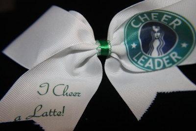 "I CHEER A LATTE" CHEER BOW; 2 in White Grosgrain Ribbon with Green center  