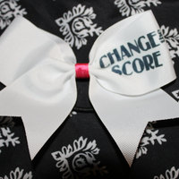 "CHANGE THE SCORE" CHEER BOW; 2 in White Grosgrain Ribbon with Hot Pink center   - Thumbnail 1