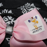 "I ONLY DATE BEASTS" CHEER BOW; 2 in Pale Pink Grosgrain Ribbon with Silver center   - Thumbnail 3