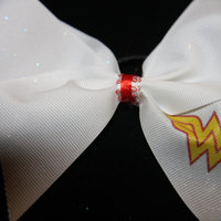 "WONDER WOMAN" CHEER BOW - 2 in White Grosgrain Ribbon with Red center   - Thumbnail 1