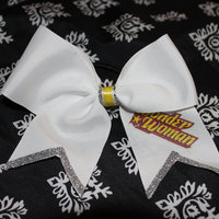 "WONDER WOMAN" BLING, CHEER BOW - 2 in White Grosgrain Ribbon with Yellow center - Thumbnail 4