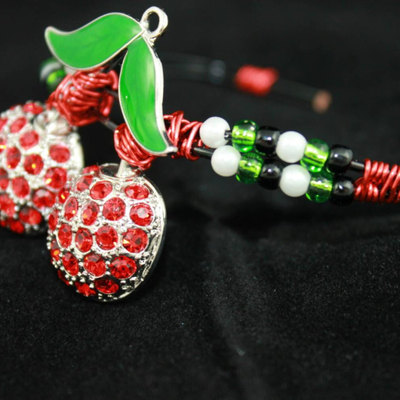 Pinup cherries wire bracelet;  red, white, green, black beads & wire
