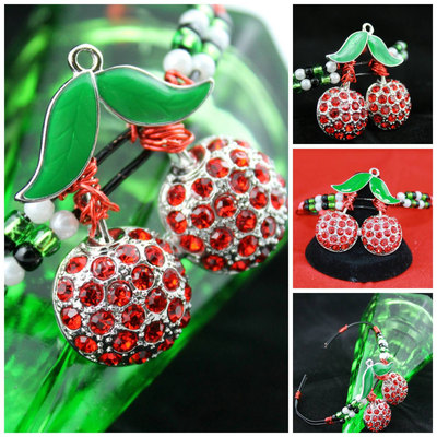 Pinup cherries wire bracelet;  red, white, green, black beads & wire