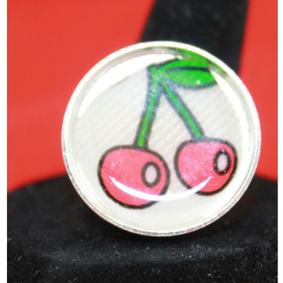 Silver bombshell cherry ring;  red, white, green, black