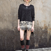STREET FASHION ETHNIC PATTERN FRINGED SWEATER DRESS - Thumbnail 4