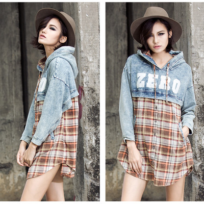 European style loose denim hooded plaid dress shirt - Thumbnail 4