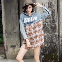 EUROPEAN STYLE LOOSE DENIM HOODED PLAID DRESS SHIRT - Thumbnail 1