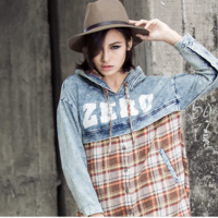 EUROPEAN STYLE LOOSE DENIM HOODED PLAID DRESS SHIRT - Thumbnail 2