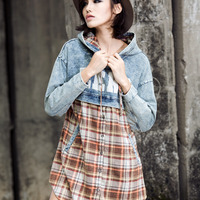 EUROPEAN STYLE LOOSE DENIM HOODED PLAID DRESS SHIRT - Thumbnail 3