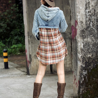 EUROPEAN STYLE LOOSE DENIM HOODED PLAID DRESS SHIRT - Thumbnail 4