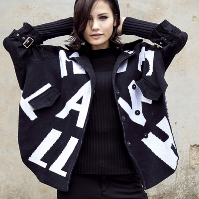 Korean style bat sleeves letters printed casual cardigan coat - Thumbnail 5