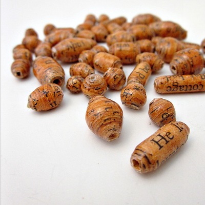 Rust aged vintage book salvaged paper beads, 30 pcs