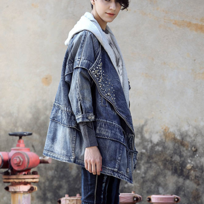 Japanese fashion casual loose denim rivet hooded jacket - Thumbnail 4