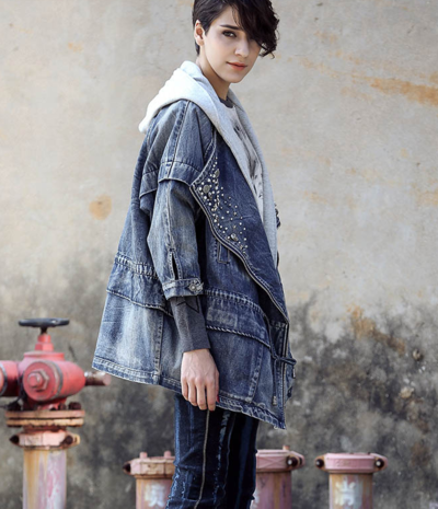 JAPANESE FASHION CASUAL LOOSE DENIM RIVET HOODED JACKET