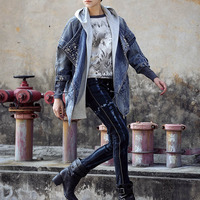 JAPANESE FASHION CASUAL LOOSE DENIM RIVET HOODED JACKET - Thumbnail 3