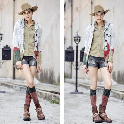 Street fashion color stitched hooded woolen cardigan coat - Thumbnail 3