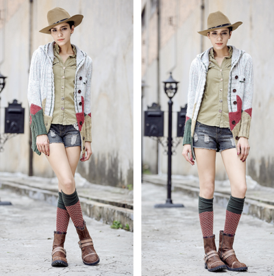 STREET FASHION COLOR STITCHED HOODED WOOLEN CARDIGAN COAT