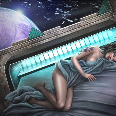 Fantasy sci-fi  steam punk pin up nude space girl art print "crewman kaly" 