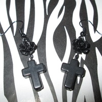Small Black Rose Earrings with Small Black Crosses - Thumbnail 1
