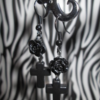 Small Black Rose Earrings with Small Black Crosses - Thumbnail 4