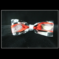 "WE'RE ALL MAD HERE" Cheshire Cat Grin- 2 in Black & Silver Ribbon with a Red Center  Cheer Bow - Thumbnail 1