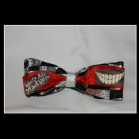 "WE'RE ALL MAD HERE" Cheshire Cat Grin- 2 in Black & Silver Ribbon with a Red Center  Cheer Bow - Thumbnail 2