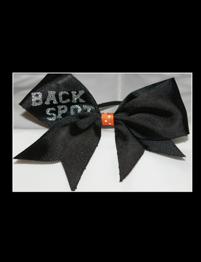 STUNT GROUP BOW - BACKSPOT" 2 in Black Grosgrain Ribbon with an Orange & White Polka Dots Center Cheer Bow