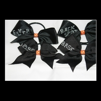STUNT GROUP - "FLYER" 2 in Black Grosgrain Ribbon with an Orange & White Polka Dots Center; BASE in Silver Bling Letters Cheer Bow - Thumbnail 1
