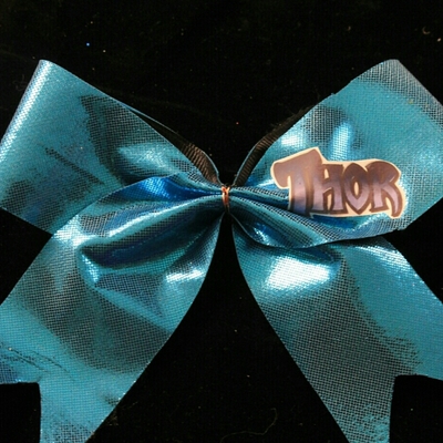 "thor" cheer bow; metallic teal 2 in bow; personalize center 