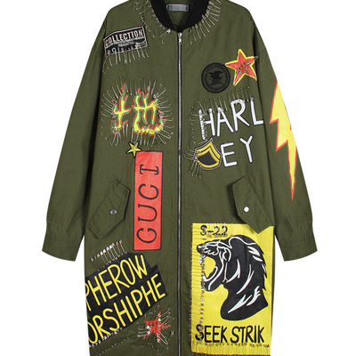 Punk style doodle letters printed safety pin boy friend jacket - Thumbnail 4