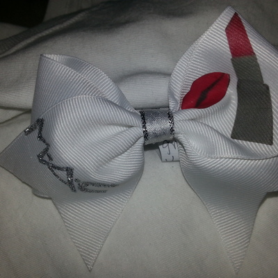 "m.a.c. in silver & red lipstick bow" cheer bow; 2 in white grosgrain ribbon with  white center