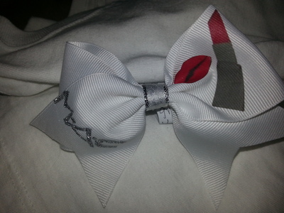 "M.A.C. in Silver & Red Lipstick Bow" CHEER BOW; 2 in White Grosgrain Ribbon with  White Center